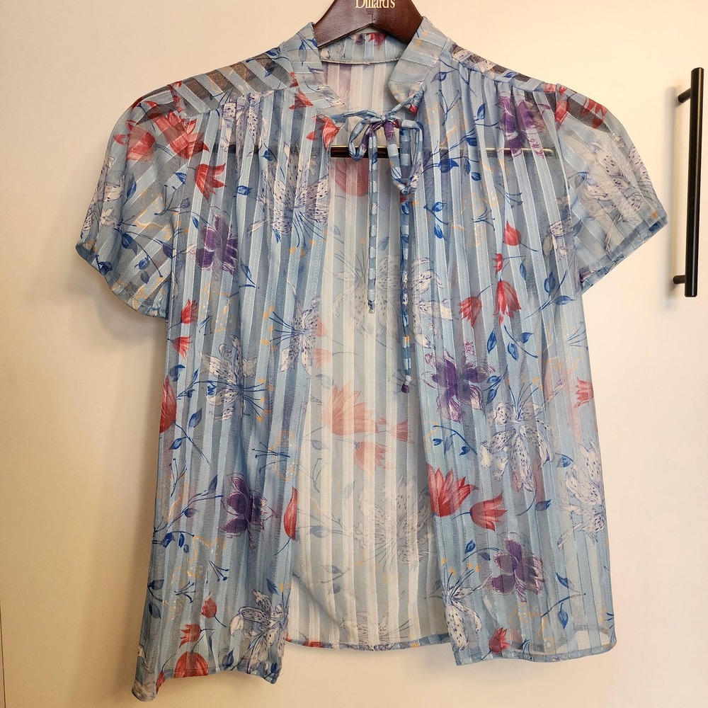 Blair Blue Floral Sheer Open Front Tie Neck Short Sleeve Layering Top Mens M